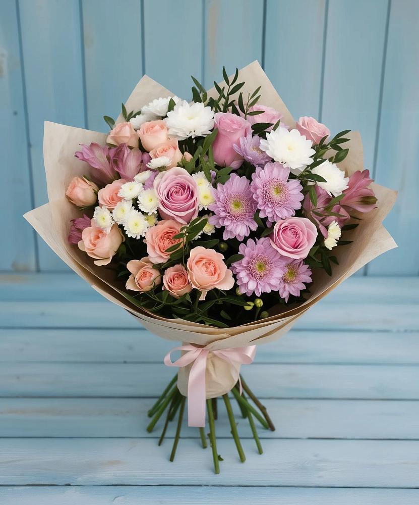 Букет цветов из: Хризантемы, Розы и Альстромерии в Киевском