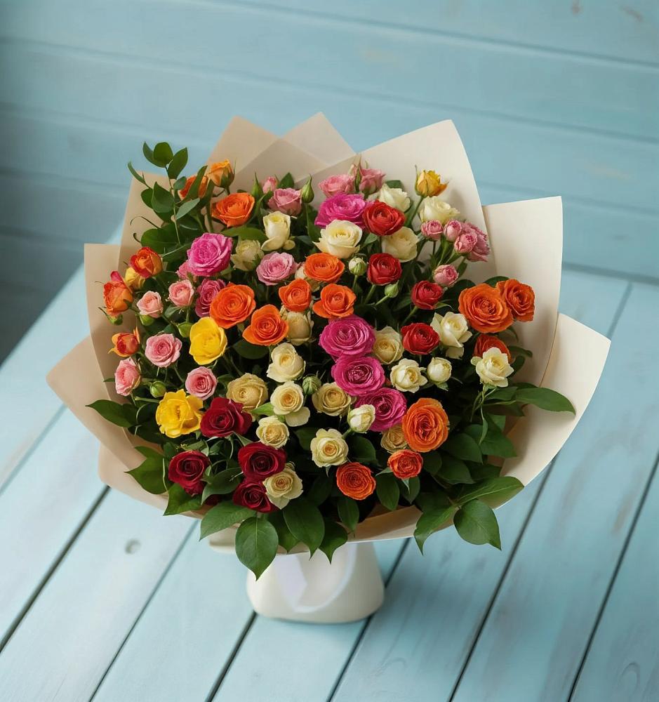 Букет Микс из разноцветных кустовых роз в Киевском