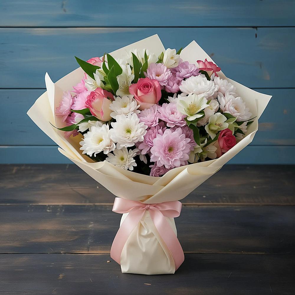 Букет цветов из: Хризантемы, Альстромерии и Розы в Киевском